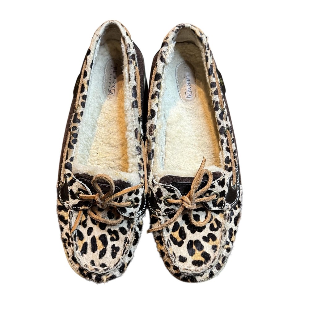 Sperry Top-Sider Boat Shoes Womens Size 8.5 Brown Leopard Faux Fur Lined